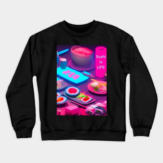 Neon Pink and Blue Sushi Quote Sushi is Life Art Crewneck Sweatshirt by TshirtLABS